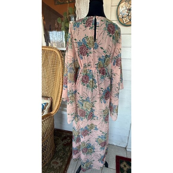 Vintage 60's Pink Floral Chiffon Style Maxi Dress Batwing Sleeves Sz L Boho - Picture 15 of 16